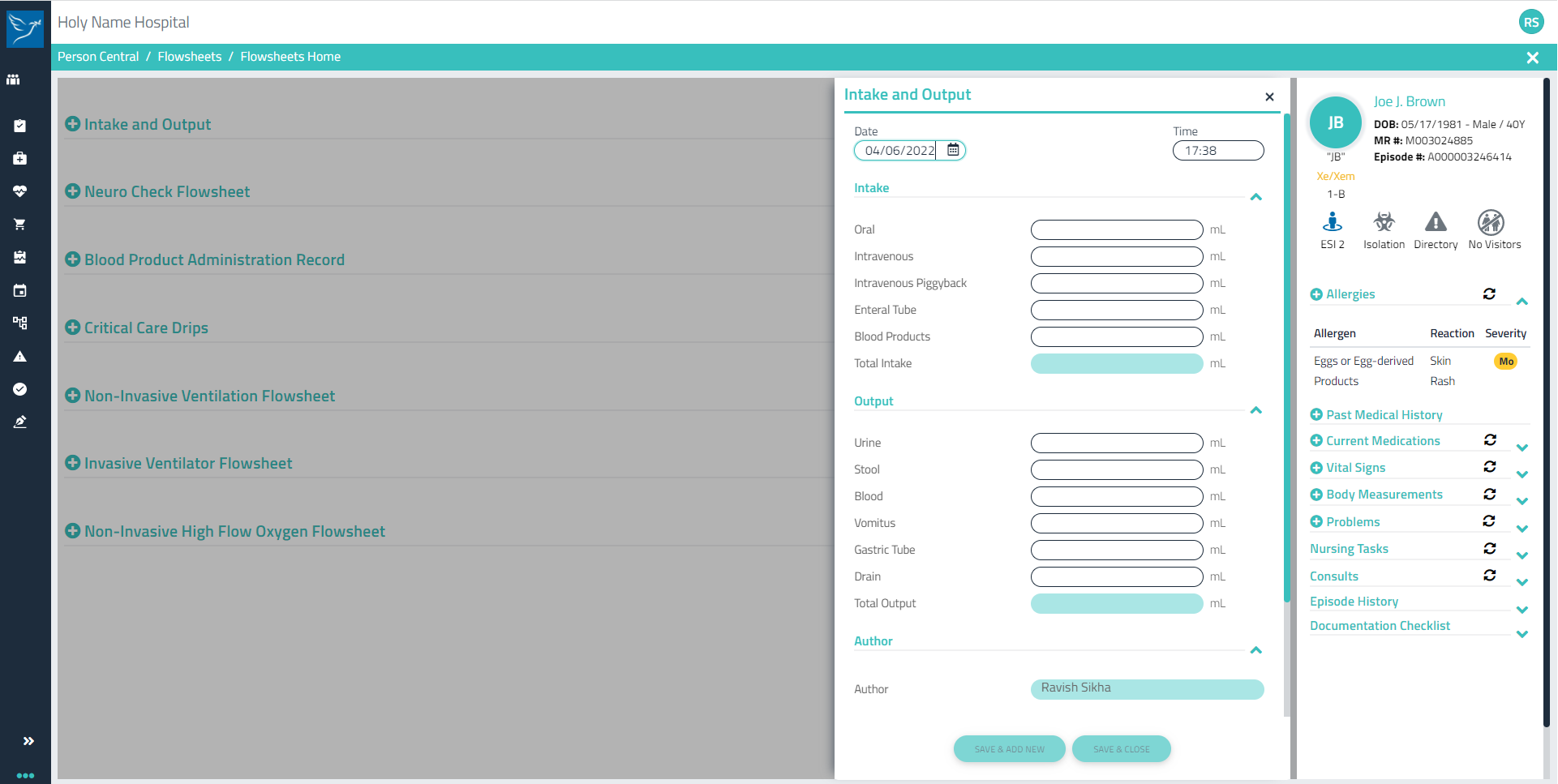 Patient View Flow Sheet